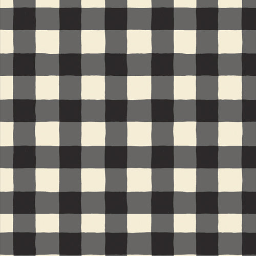 Bowl cover set fabric with black, gray, and cream buffalo plaid pattern.