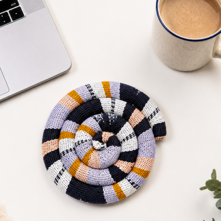 Round spiral trivet with navy, orange, and cream plaid stripes and stitched rosette center