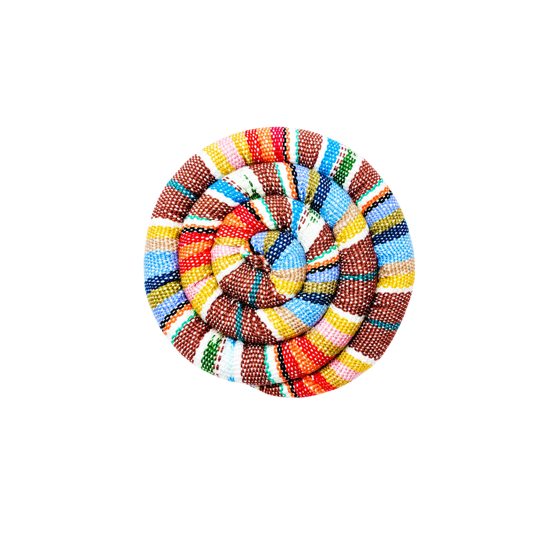 Small spiral spiced trivet, round woven design in bright multicolor stripes