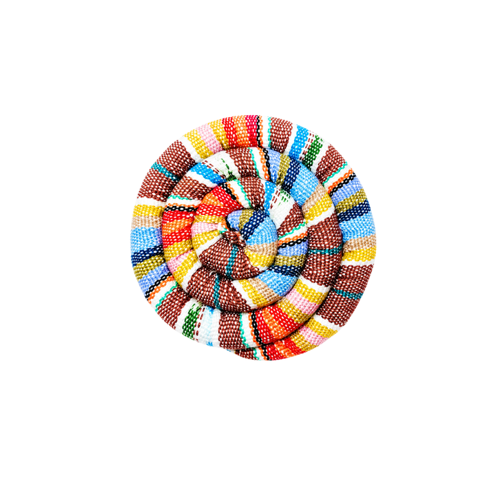 Small spiral spiced trivet, round woven design in bright multicolor stripes