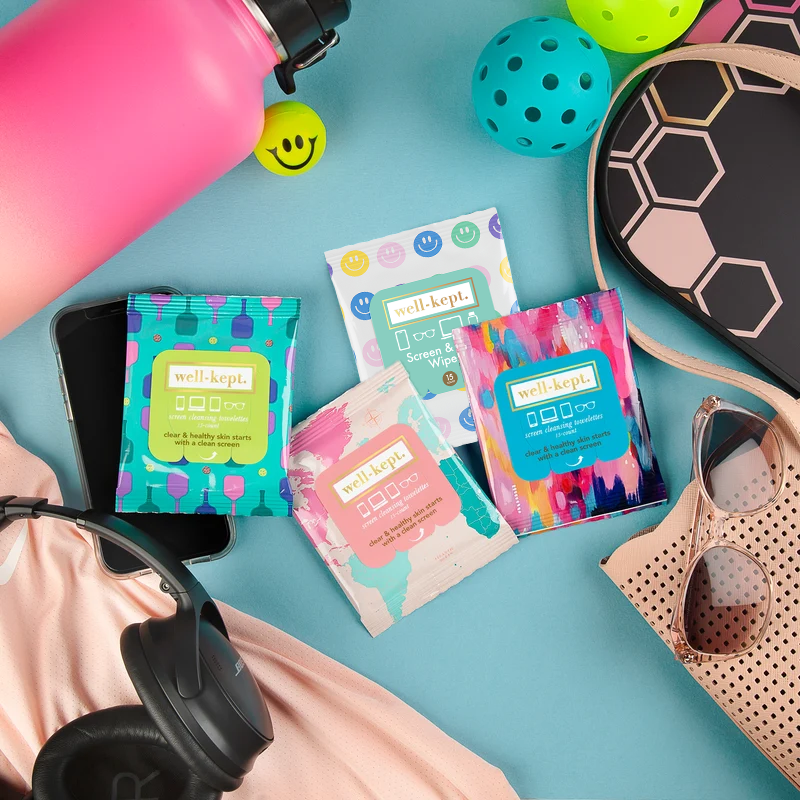 Multiple Screen &amp; Lens Wipes pouches with smiley icons, assorted colors.