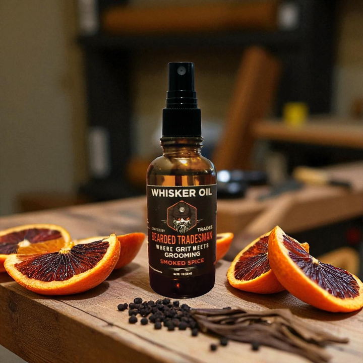 Whisker oil bottle with citrus slices and peppercorns on wooden surface