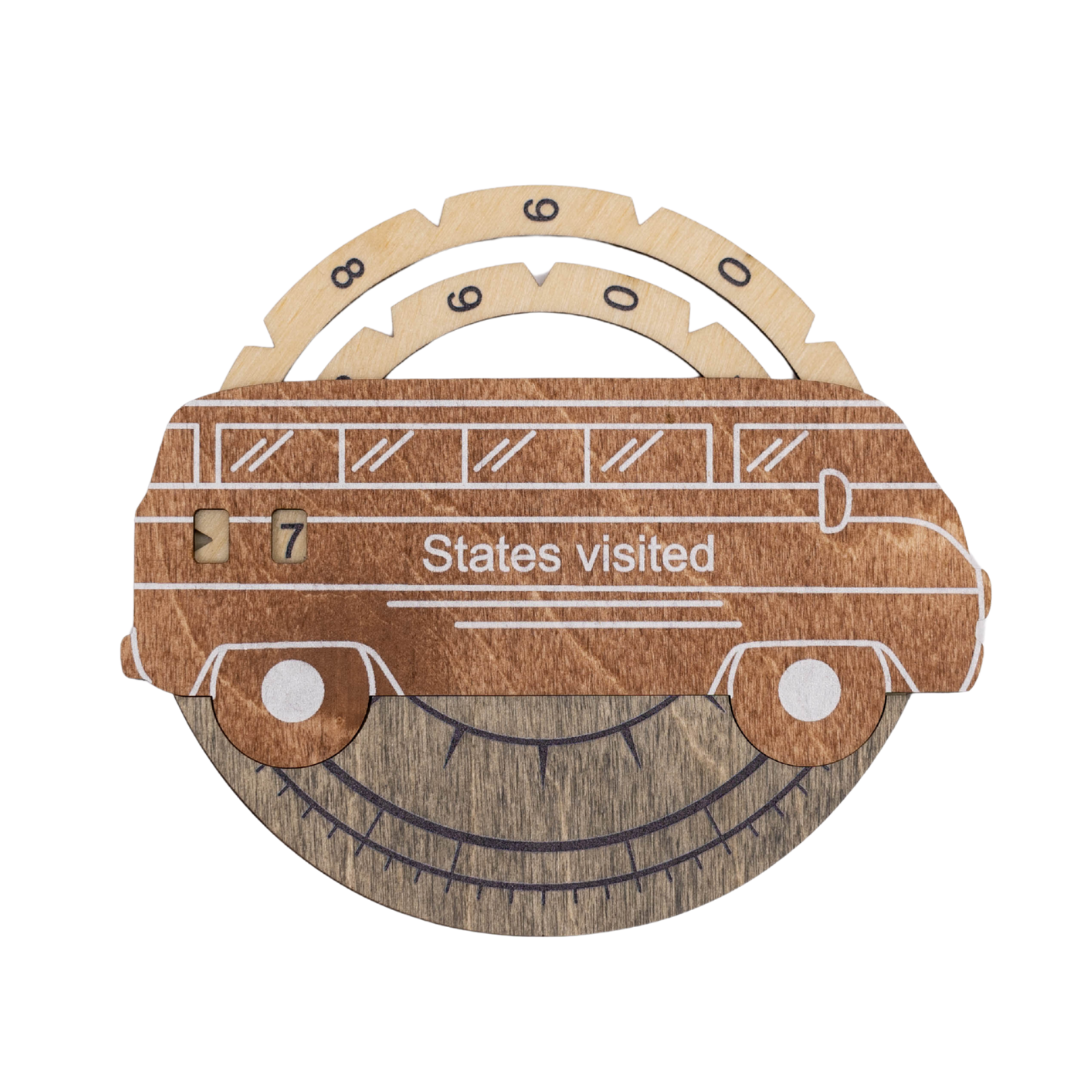 Wooden 3D wall decor with road-trip car and “States visited” text