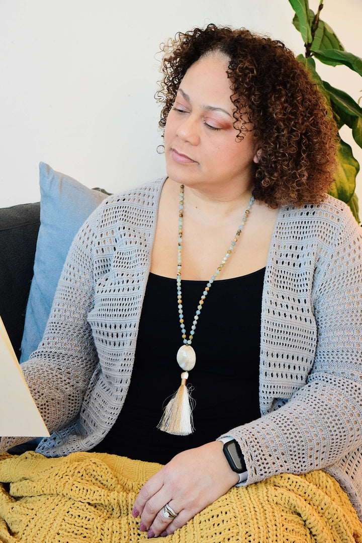 Smooth Sailing Meditation Mala – Lemurian Aquatine Calcite for Confidence & Calm
