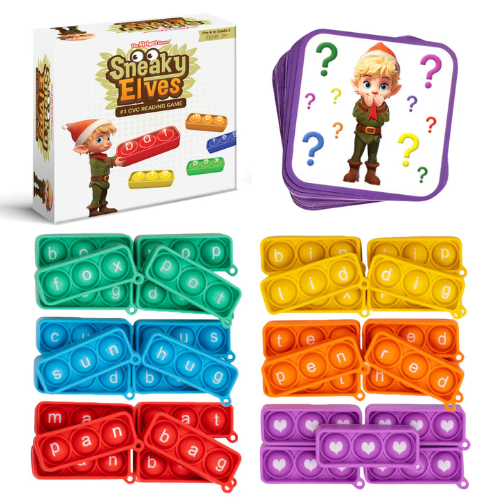 Sneaky Elves CVC reading game box with colorful pop-fidget word tiles and cards