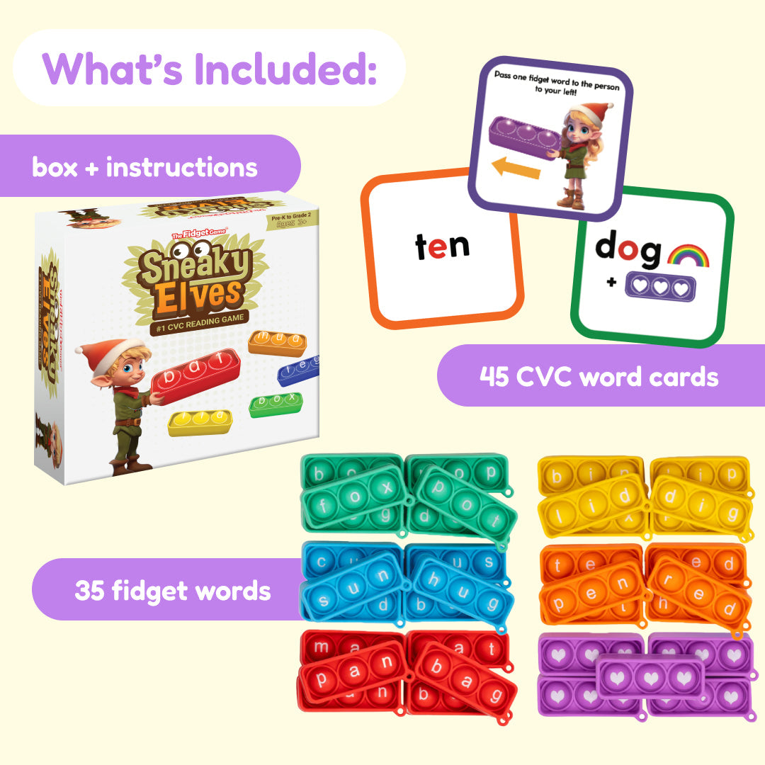 Sneaky Elves CVC reading game box with 45 word cards and fidget tile sets