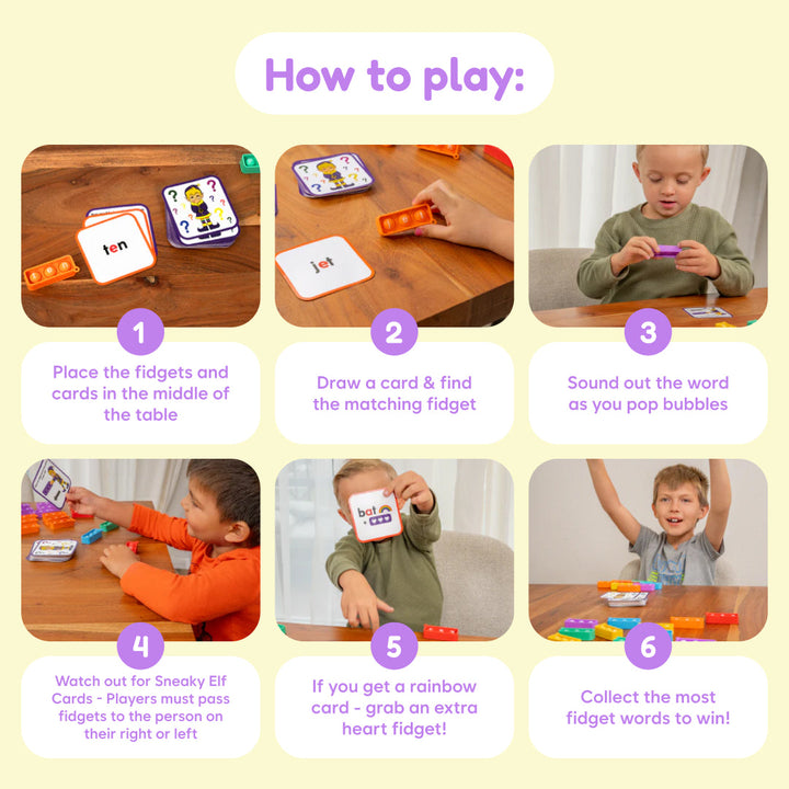 Sneaky Elves gameplay cards and fidget word tiles shown for letter sound matching