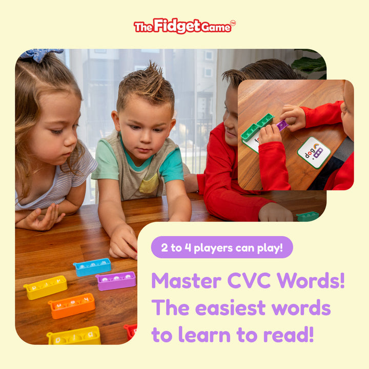 Sneaky Elves fidget word game with children using colorful pop-up tile trays