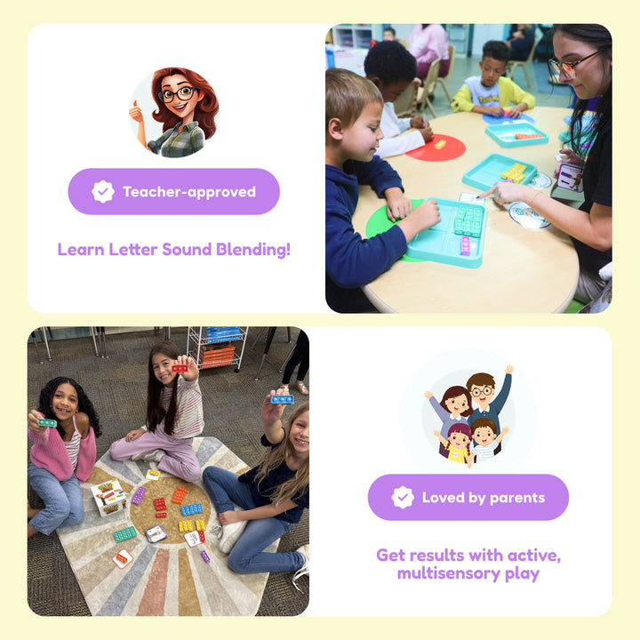 Sneaky Elves classroom activity with kids and teacher using CVC fidget tile boards