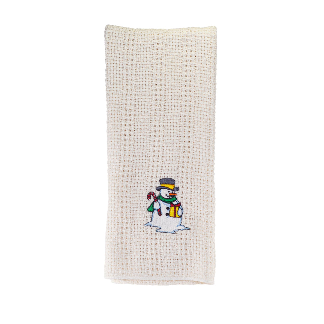 Off-white cotton kitchen towel with snowman embroidery