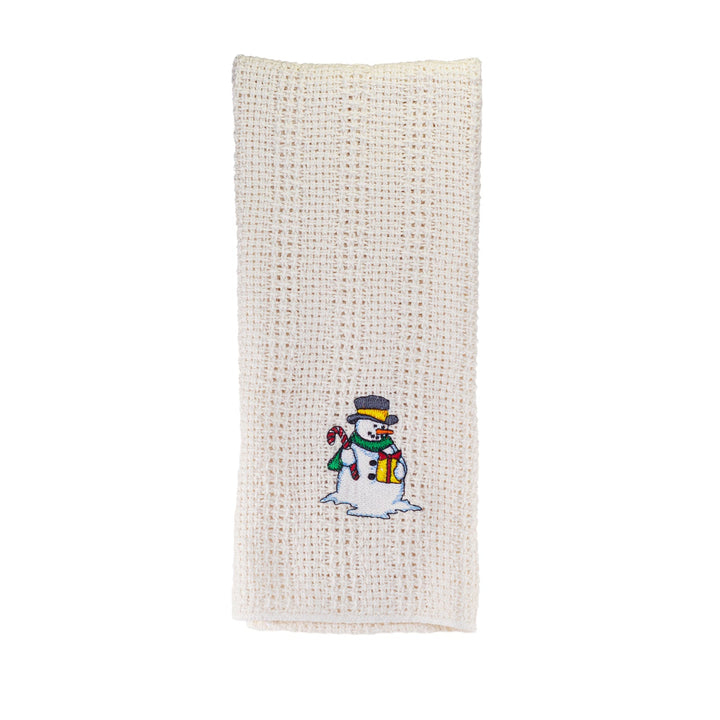 Off-white cotton kitchen towel with snowman embroidery