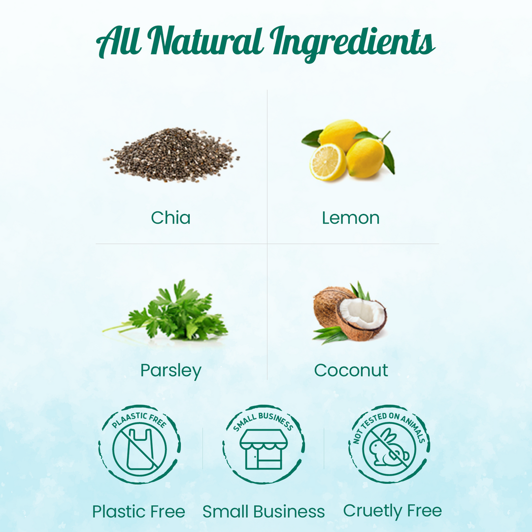 Chia, lemon, parsley, and coconut ingredient icons shown on a product panel