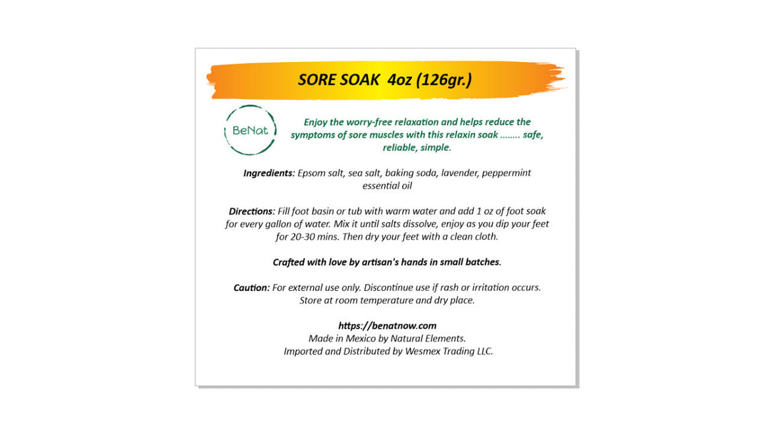 Sore Soak 4oz package label for bath and foot soak with directions and ingredients