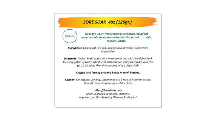 Sore Soak 4oz package label for bath and foot soak with directions and ingredients