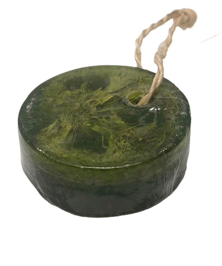Dark green round soap bar with tan rope loop