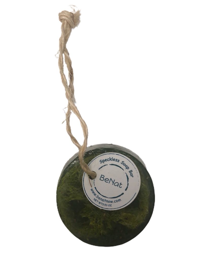 Round loofah sponge with hanging loop and branded center label