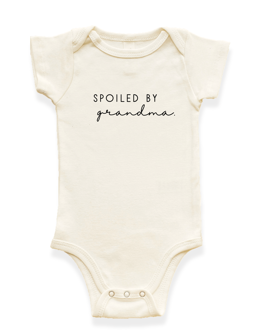 Cream short-sleeve baby bodysuit with snap crotch and "Spoiled by grandma" print