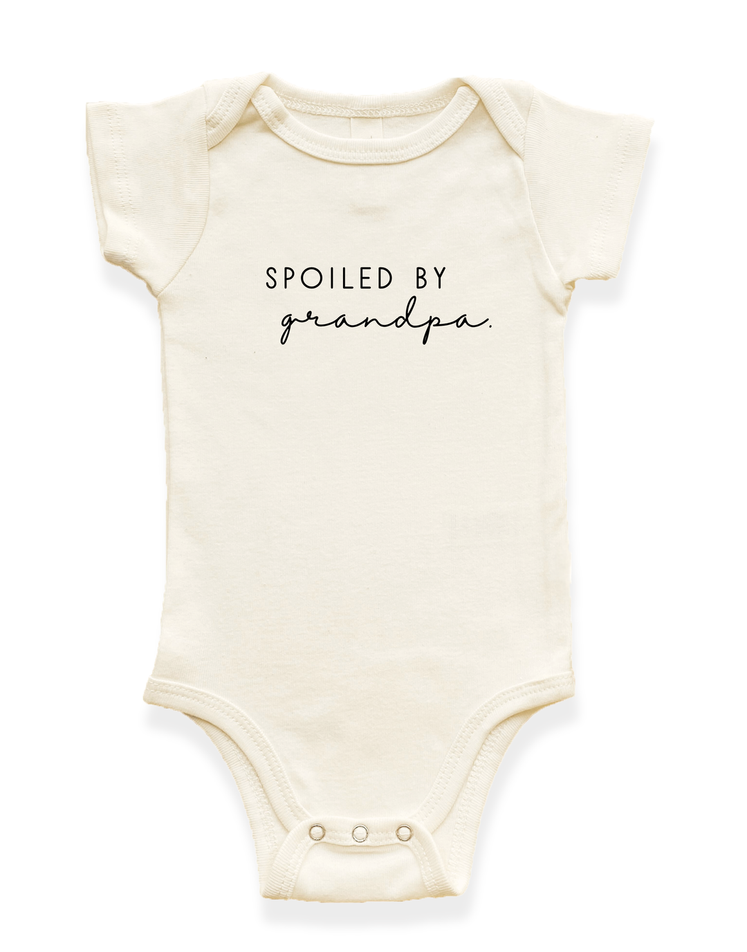 Cream short-sleeve baby bodysuit with front text design and snap button crotch