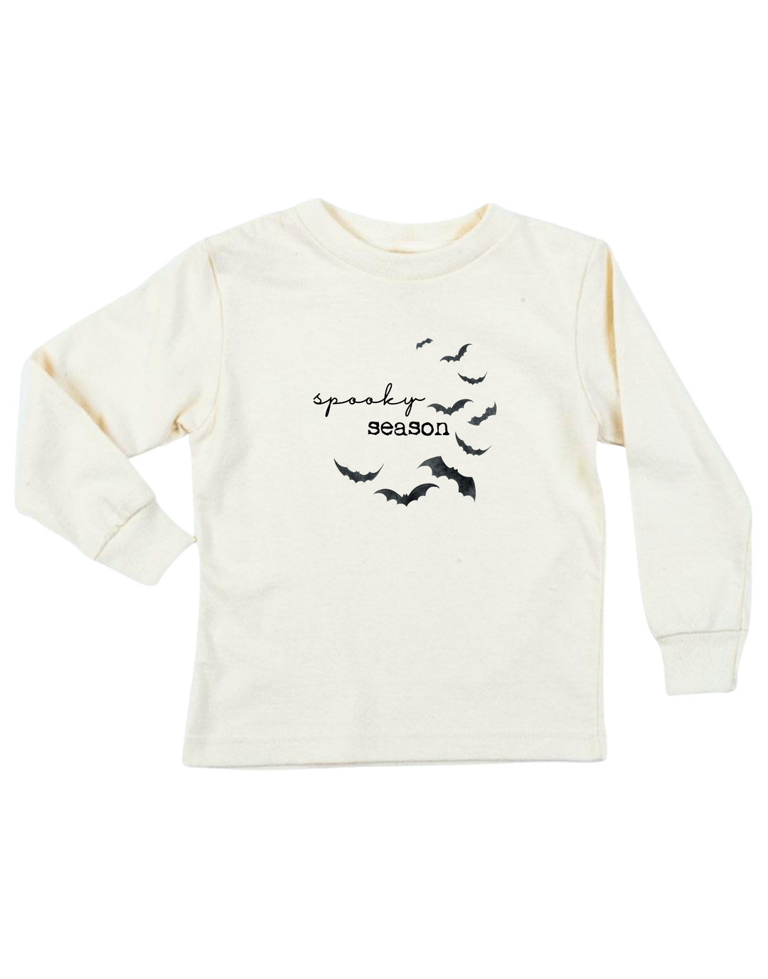 Kids organic long-sleeve T-shirt, off-white with black "spooky season" bats print