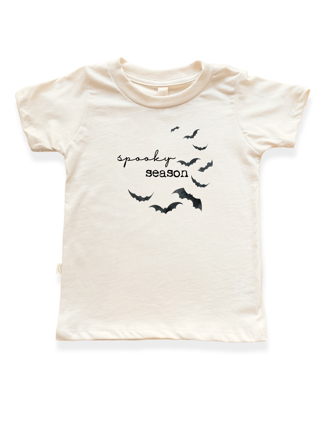 Kids organic t-shirt in light cream with spooky season bat graphic