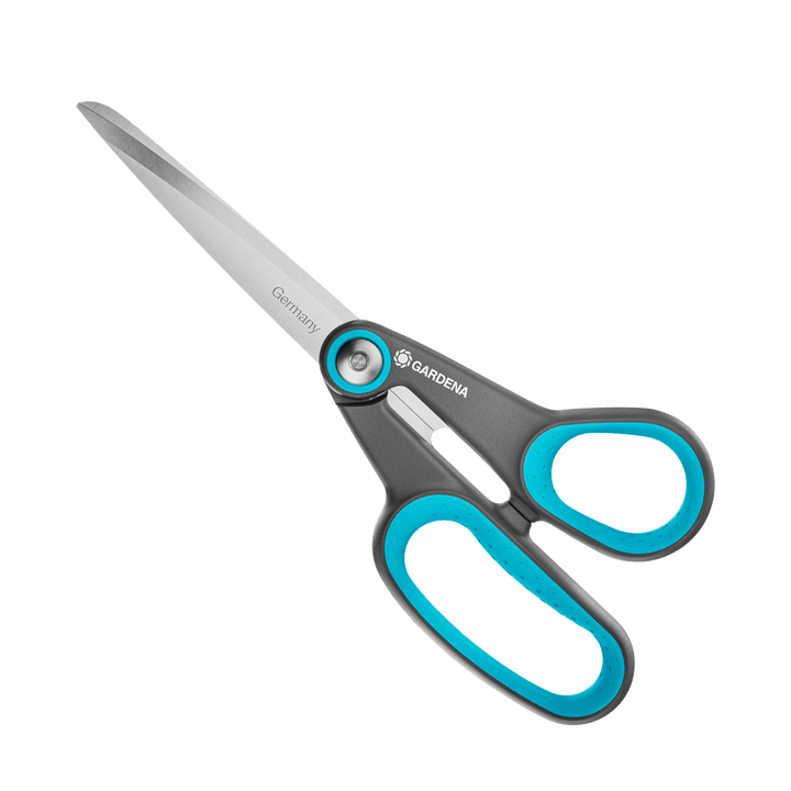 Gardena MultiCut scissors side view with pointed steel blades and blue handles