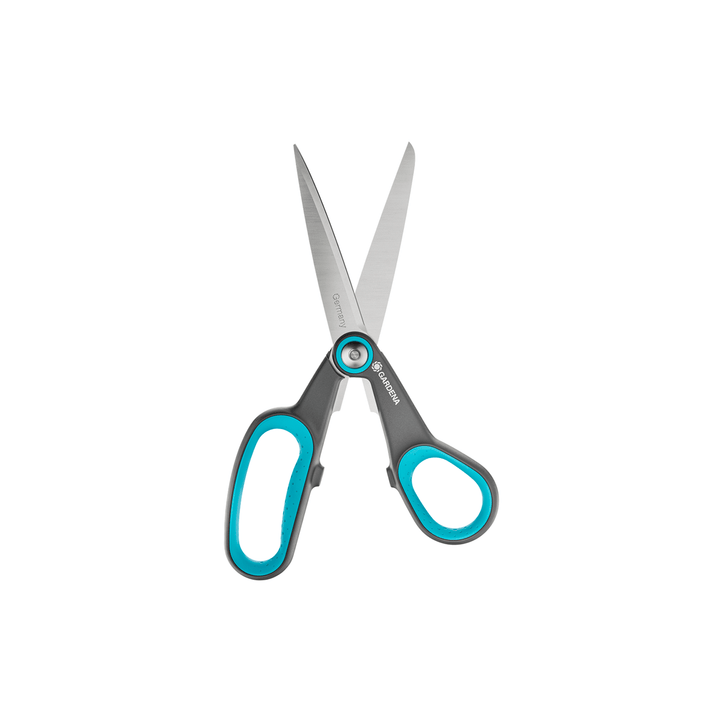 Gardena MultiCut scissors with gray blades and blue ergonomic handles
