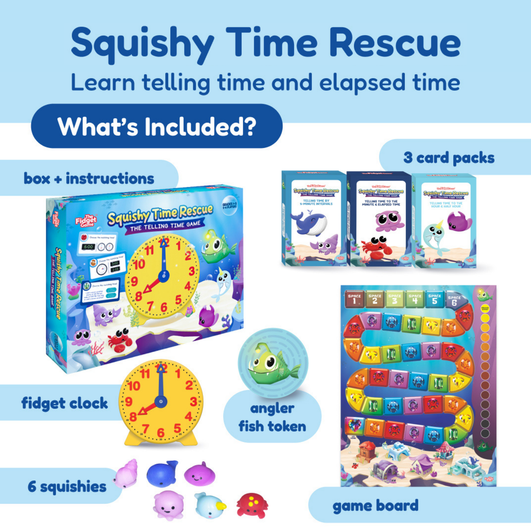 Squishy Time Rescue time-learning set with fidget clock, squishies, and game board