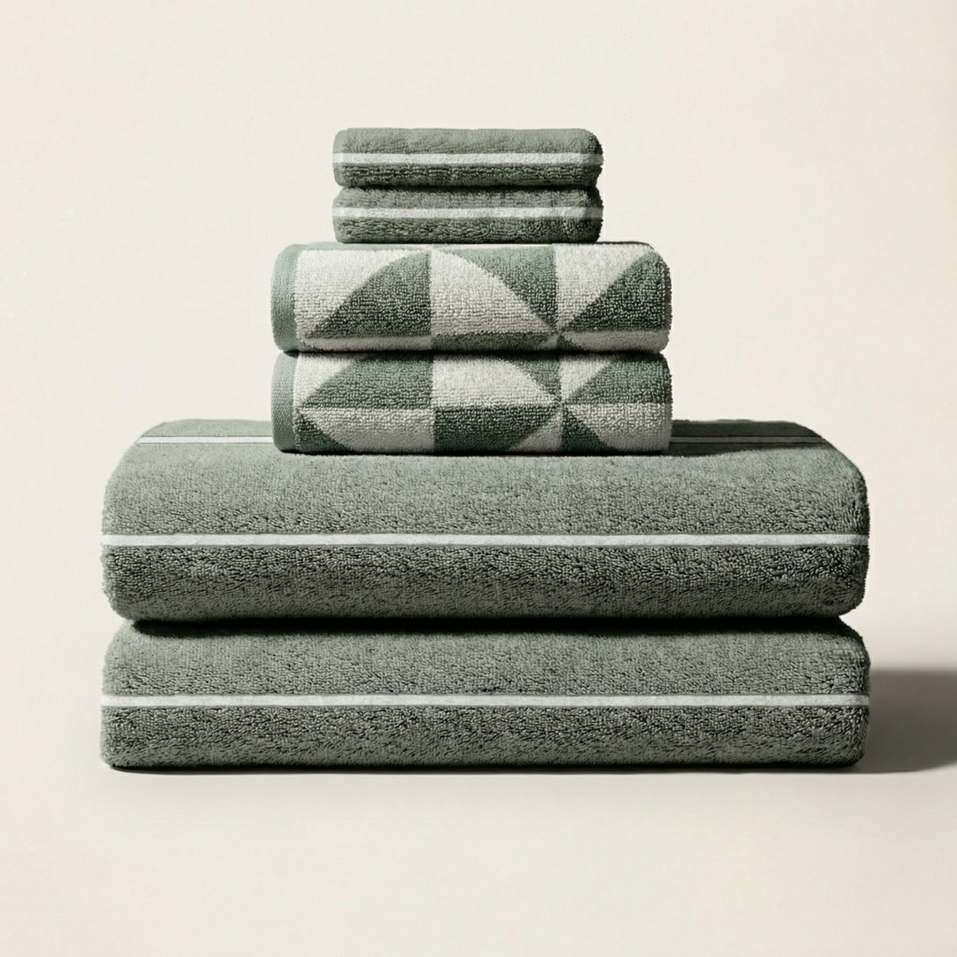 Stacked sage green cotton towels with ecru geometric border, neatly folded
