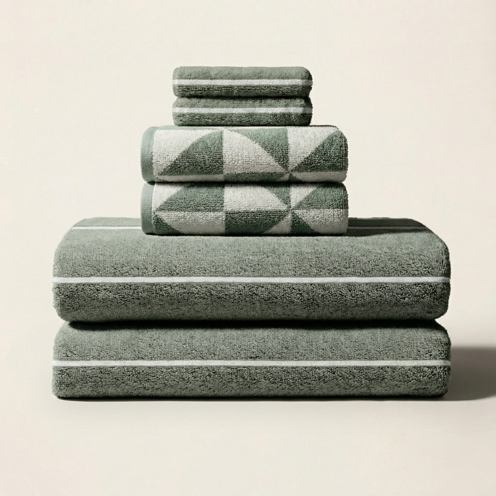Stacked sage green cotton towels with ecru geometric border, neatly folded