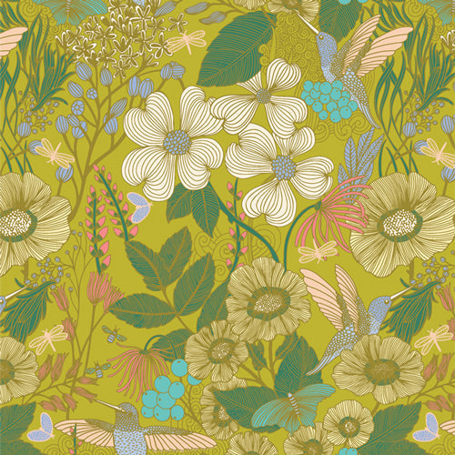 Bowl cover set cloth with cream, green, and gold floral blossoms and foliage