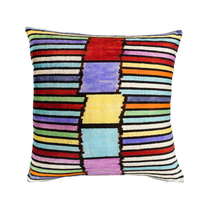 Silk velvet ikat pillow case with multicolor stripe pattern, 20" x 20"