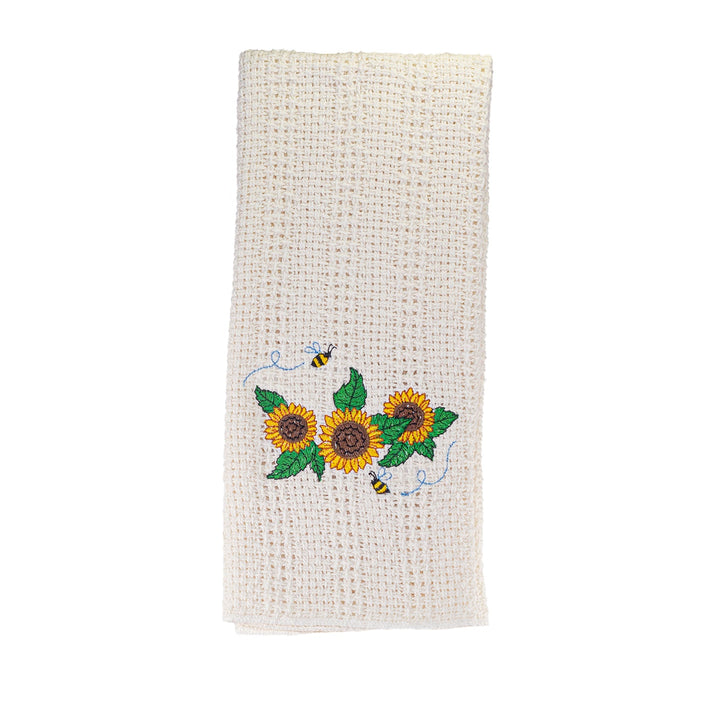 Cream cotton kitchen towel with embroidered sunflower bouquet
