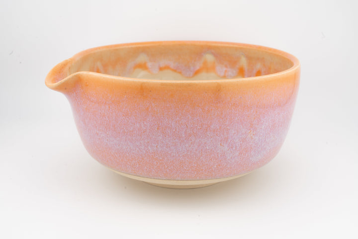 Ceramic bowl with optional spout, pink-orange speckled glaze
