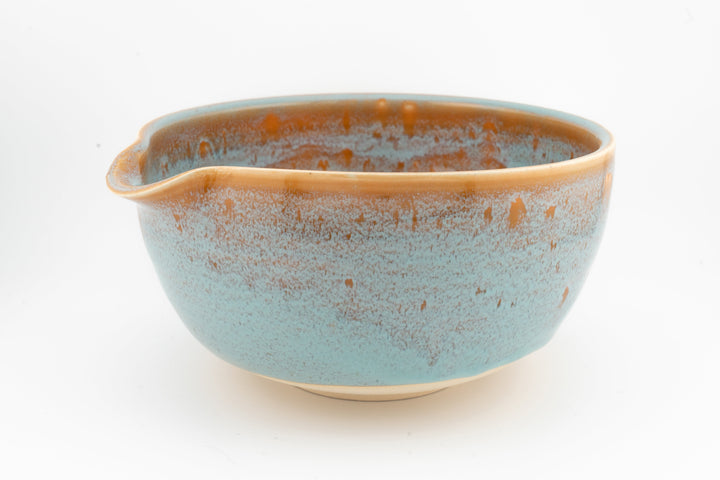 Ceramic bowl with optional spout, blue-green body with orange speckled rim