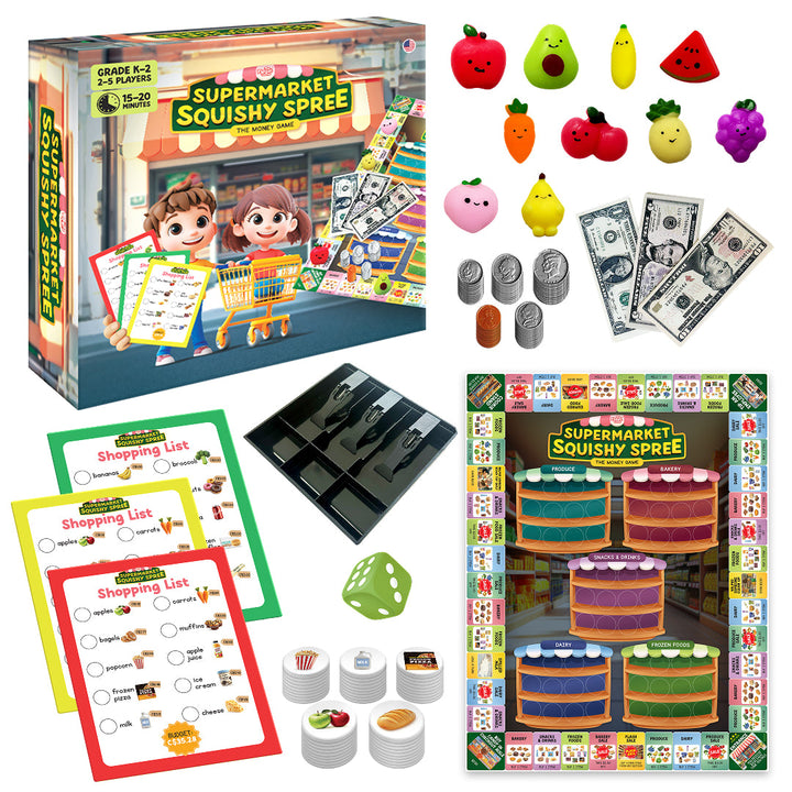 Supermarket Squishy Spree board game set with colorful squishy pawn pieces