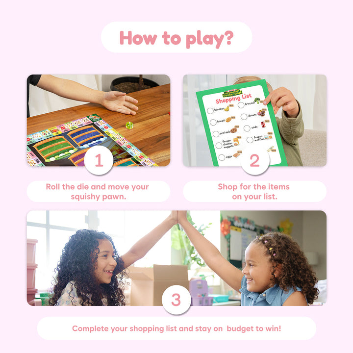 Supermarket Squishy Spree board game instructions with step-by-step play photos