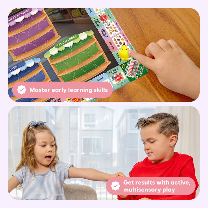 Supermarket Squishy Spree board game activity photos with squishy pawns and kids