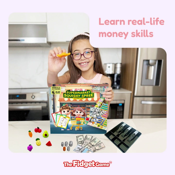 Supermarket Squishy Spree board game shown with child holding the box and play money