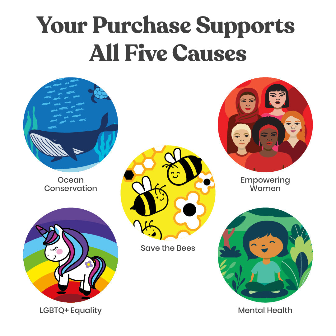 Cause support card reading "Your Purchase Supports All Five Causes"