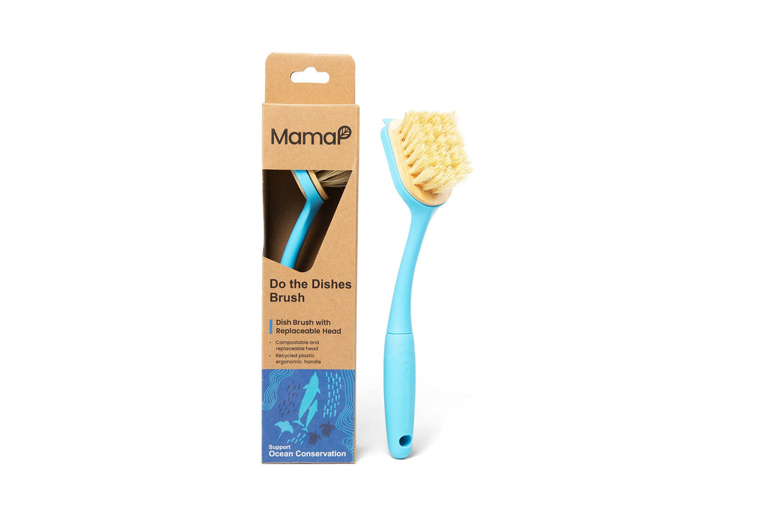 Dish brush with blue handle and replaceable bristle head, shown in retail packaging