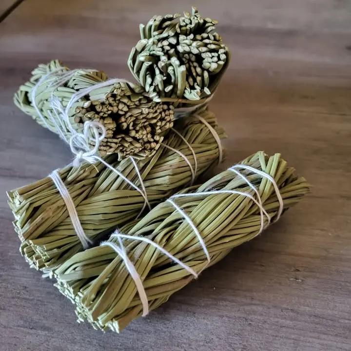 Sweetgrass braid bundles, tied green and tan strands, 4-inch length