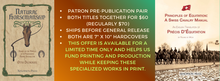 Natural Horsemanship and Principles of Equitation book set promo with Patron pre-publication details