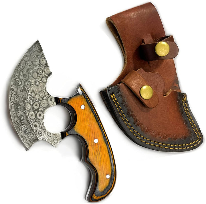 Ulu-style blade knife with orange wood handle and brown leather sheath, brass rivets