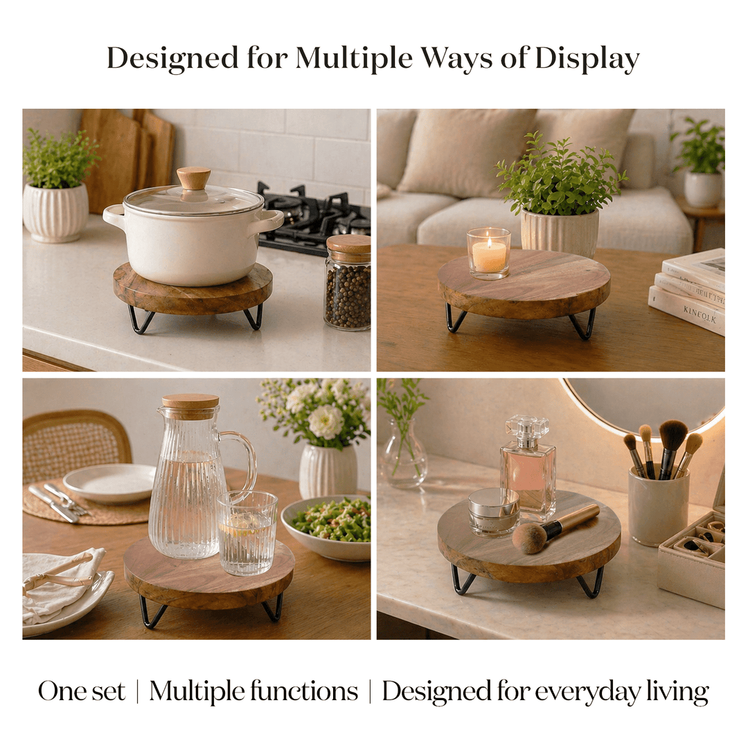 Wood Riser Set of 2 Round Trivet Display Stand 6" 8" Decor