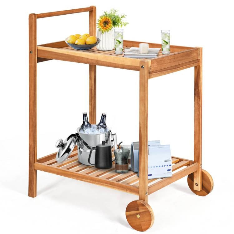 Solid Acacia Wood Rolling Cart with Shelves & Locking Casters