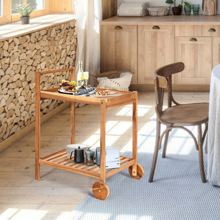 Solid Acacia Wood Rolling Cart with Shelves & Locking Casters