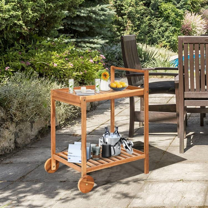 Solid Acacia Wood Rolling Cart with Shelves & Locking Casters