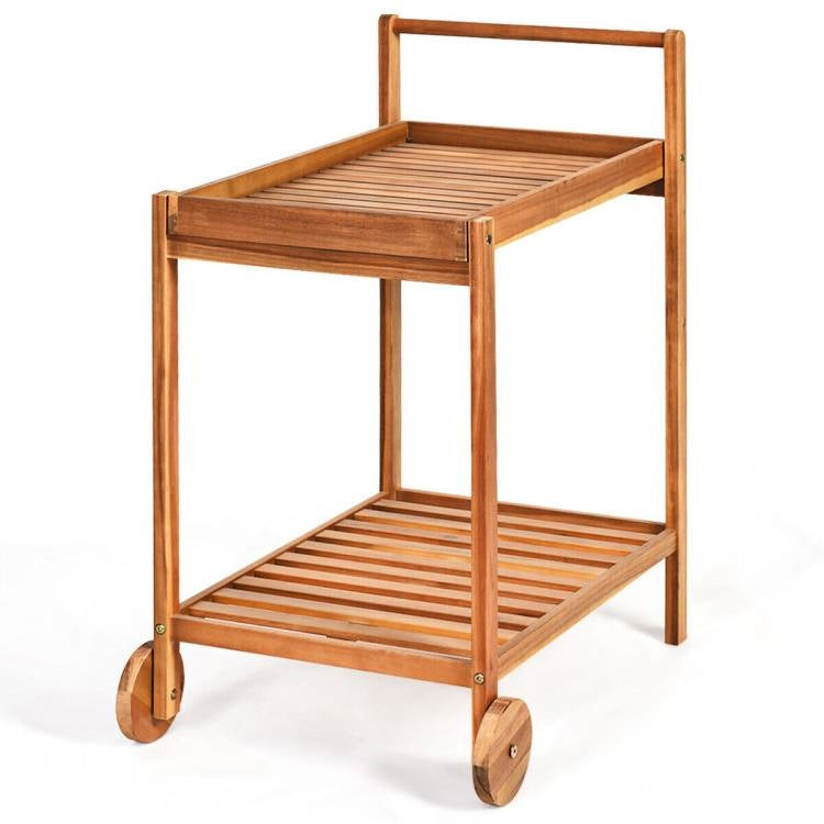 Solid Acacia Wood Rolling Cart with Shelves & Locking Casters