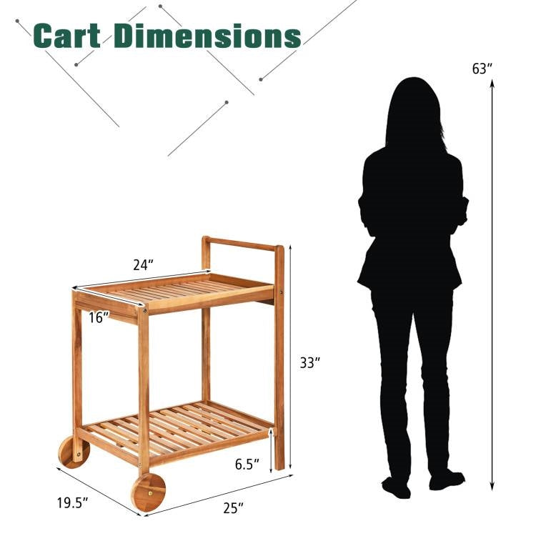 Solid Acacia Wood Rolling Cart with Shelves & Locking Casters