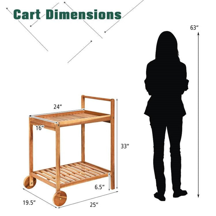 Solid Acacia Wood Rolling Cart with Shelves & Locking Casters